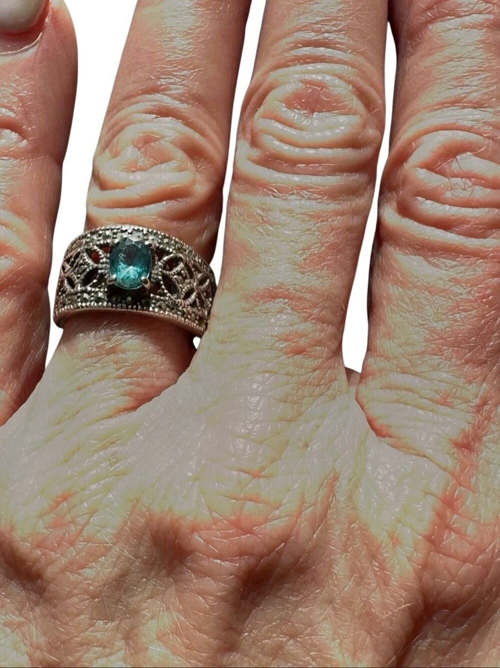 Vintage 925 Silver Oval Blue Topaz Marcasite Art Deco Cocktail Ring